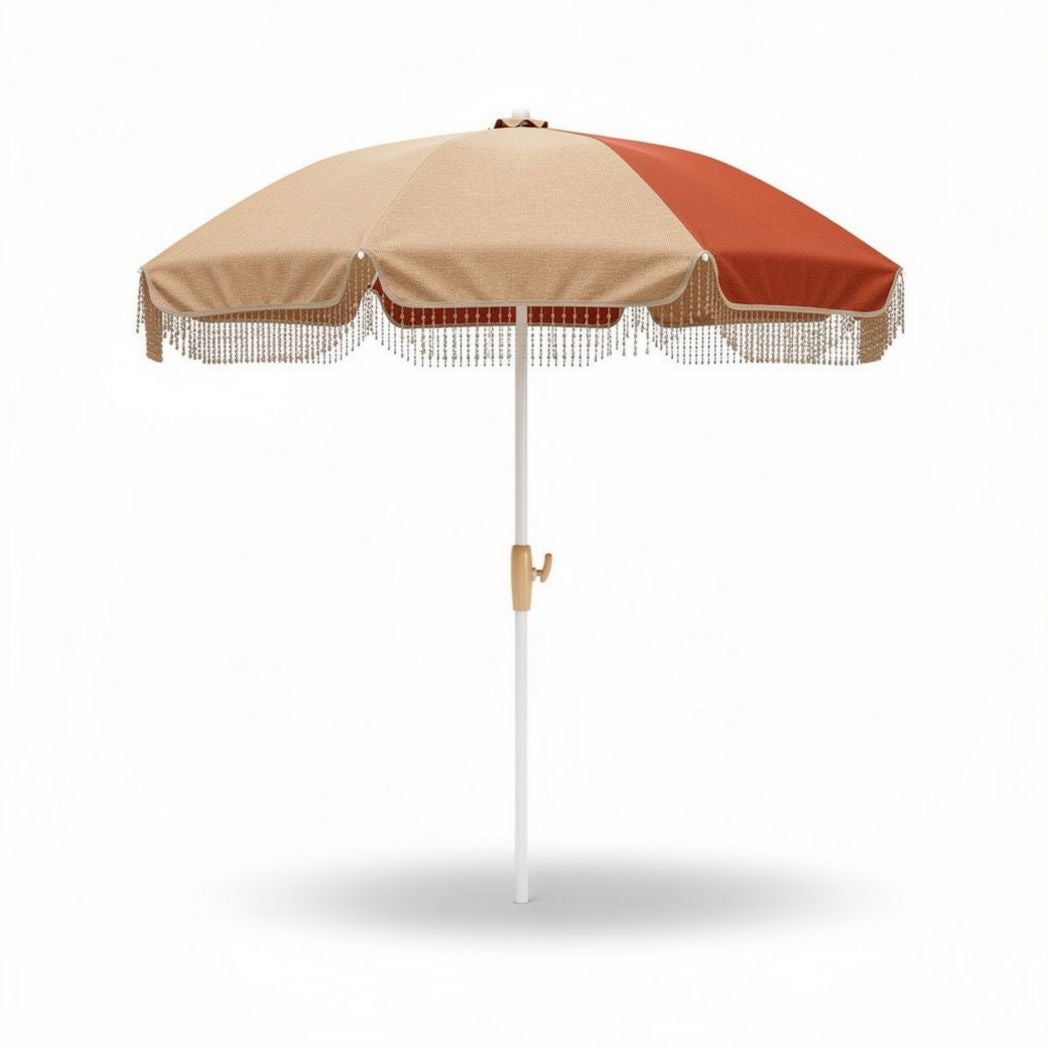 Parasol met franjes en metalen voet in beige en roestkleur 150 x 150 x 240cm