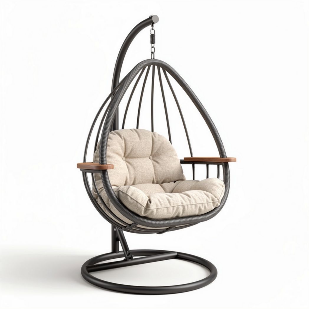 Hangstoel met kussen en houten armleuningen van staal en textielkleur beige 90 x 80 x 120cm