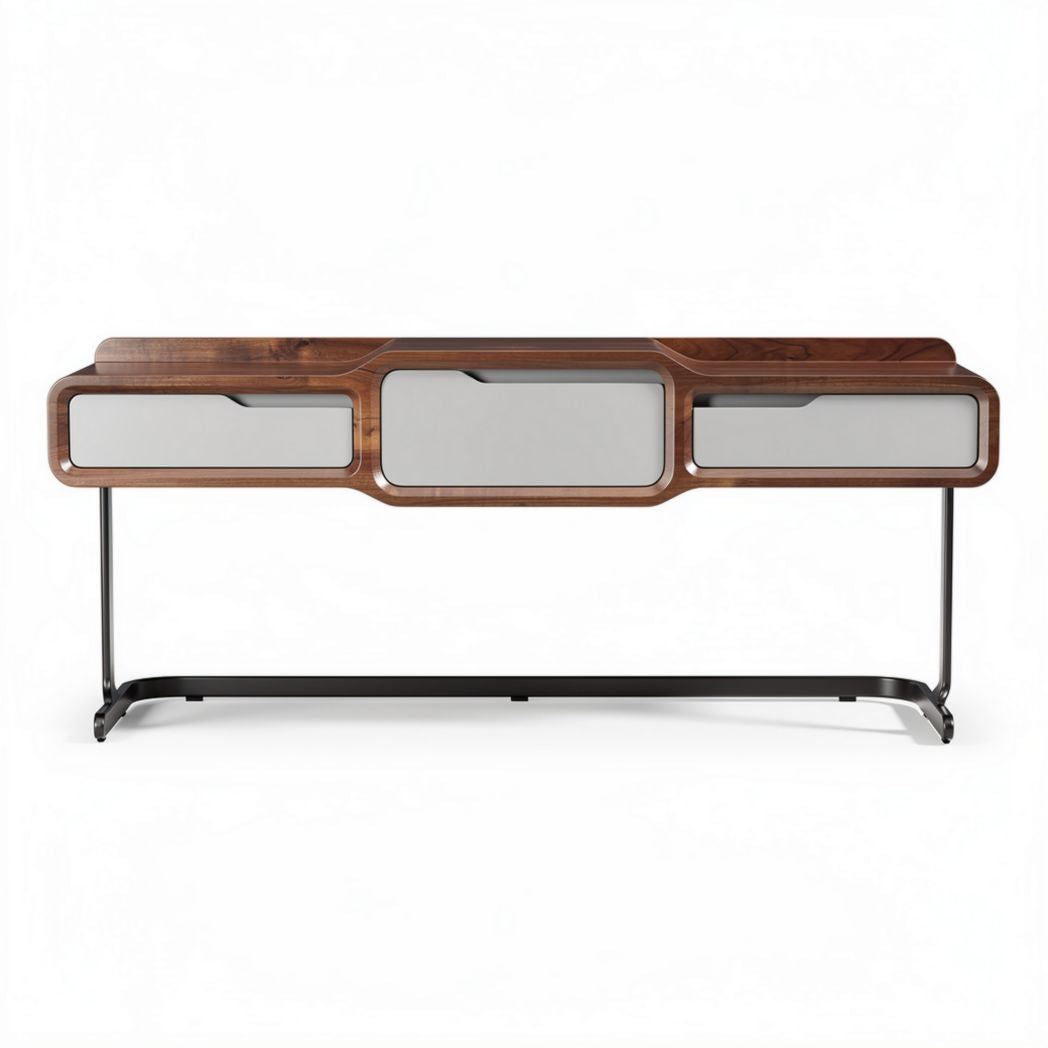 Houten console tafel met metalen onderstel en drie lades 150 x 40 x 80cm