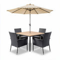 Tuinset met vier stoelen van wicker en een vierkante houten tafel 120 x 120 x 220cm met parasol crème