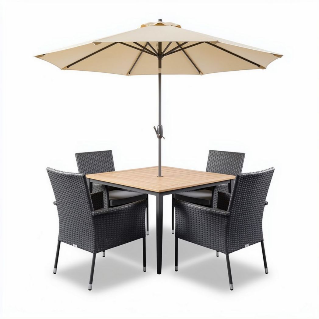 Tuinset met vier stoelen van wicker en een vierkante houten tafel 120 x 120 x 220cm met parasol crème