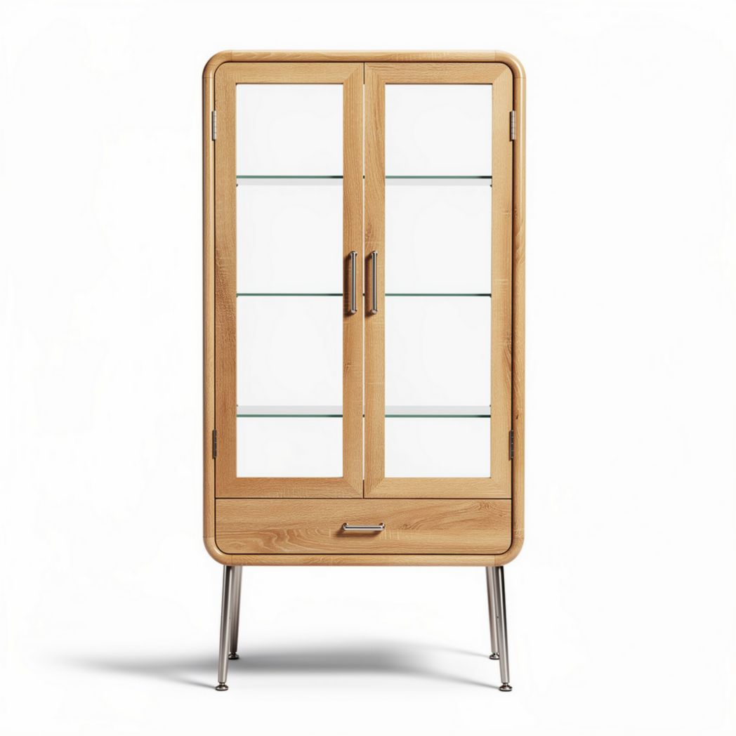 Houten vitrinekast met glazen deuren en metalen poten 100 x 50 x 180cm
