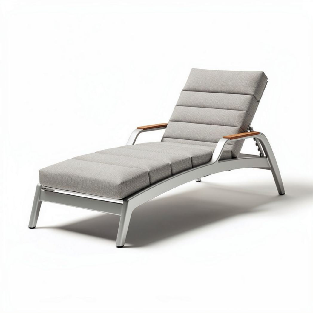 Loungebank van aluminium met grijze bekleding en houten armleuning 200 x 70 x 30cm